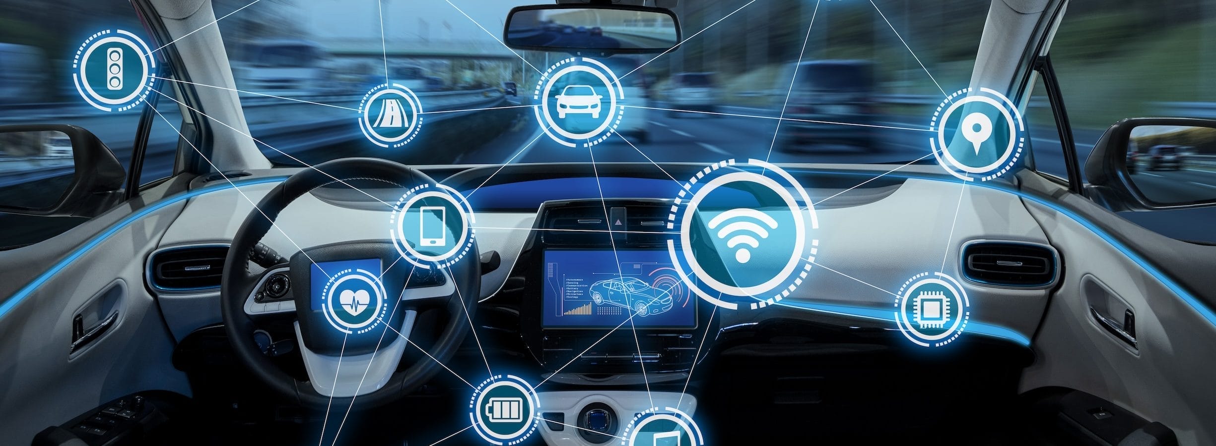 An AI representation of an intelligent vehicle cockpit, with icons representing the various safety and comfort features of the new WAVs.