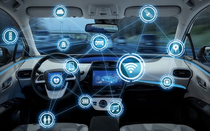 An AI representation of an intelligent vehicle cockpit, with icons representing the various safety and comfort features of the new WAVs.